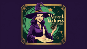 wicked witness notary services - with a witch in purple, holding a quill
